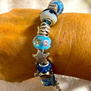 Beach Bracelet with blue beads and 925 Sterling Silver items 8”